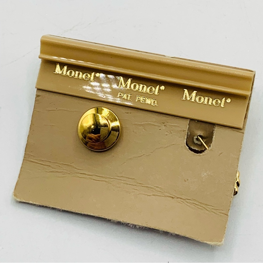 Vintage Signed Monet Gold Tone Bee with Hive Double Brooch Sweater Guard - Picture 5 of 9